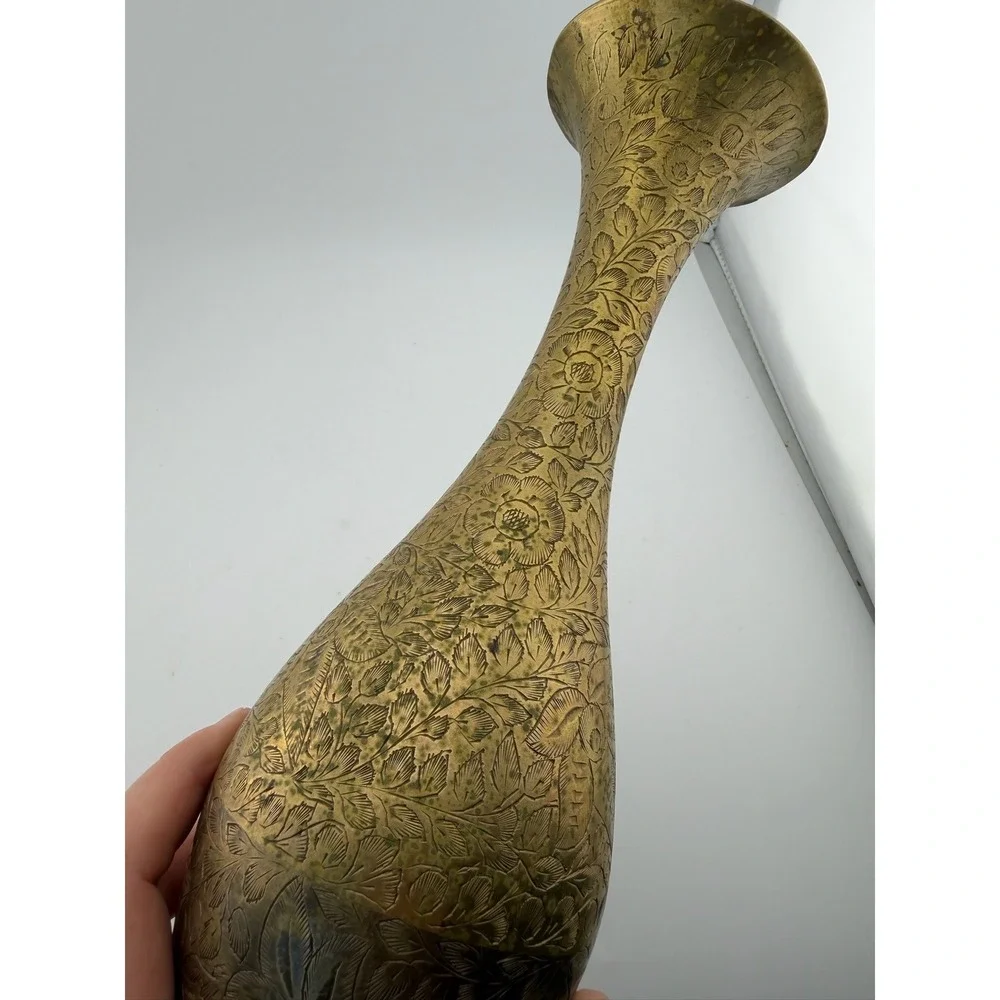 Vintage Brass Vase‎ Floral Etched Tall Slim Neck Home Decor Accent